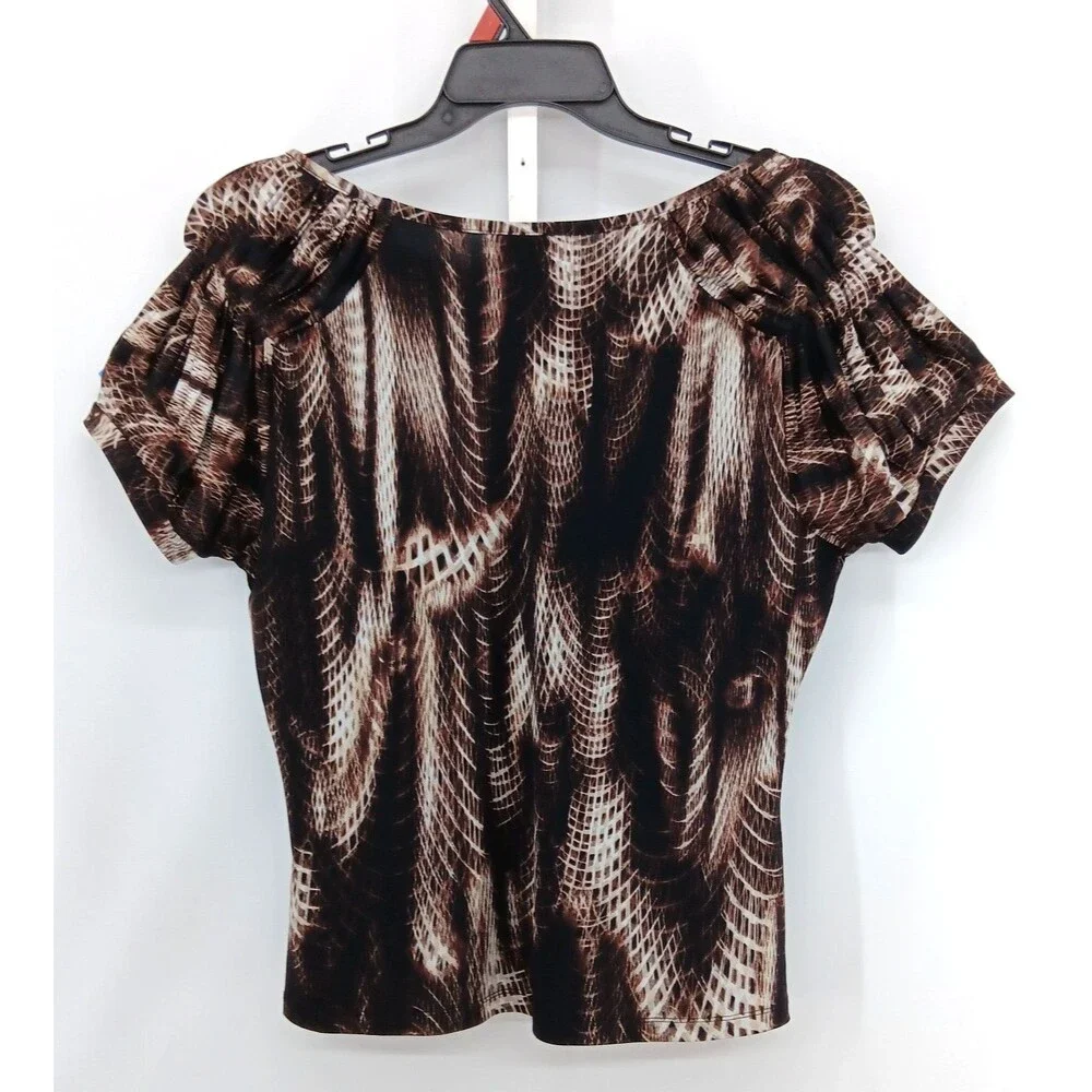 Worthington Blouse Women Large Brown Animal Print Boat Neck Short Sleeve Top - Picture 3 of 6